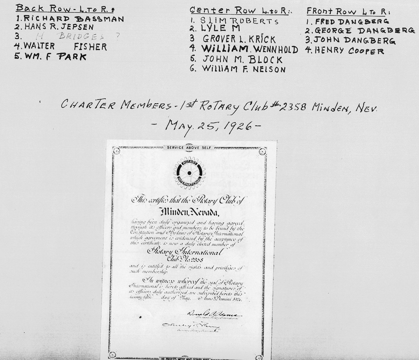 Copy of the original Rotary Club #2358 Charter pasted on the reverse side of the image