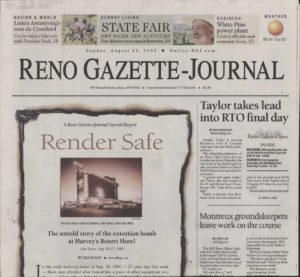 Reno Gazette-Journal’s with articles related to the 25th anniversary of the August 1980 bombing of Harvey’s Casino Resort, Lake Tahoe. 